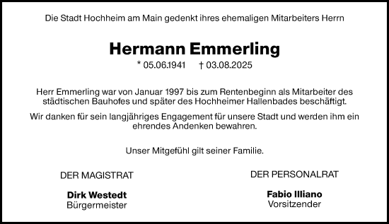 Traueranzeige von Hermann Emmerling von Hochheimer Zeitung