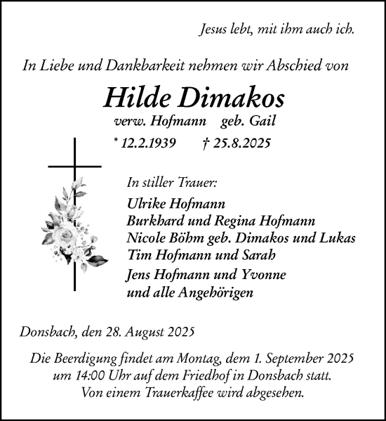 Traueranzeige von Hilde Dimakos von Dill Block