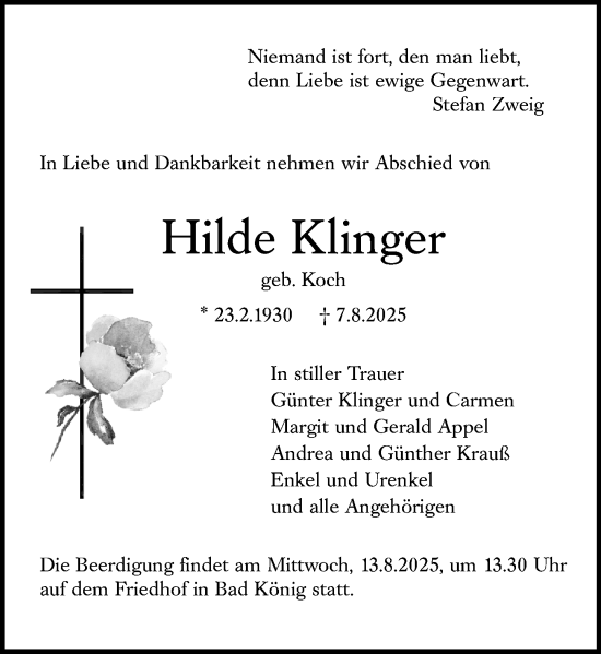 Traueranzeige von Hilde Klinger von Odenwälder Echo