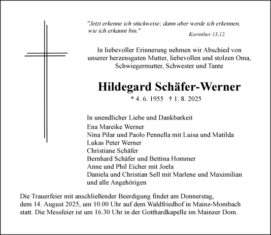 Traueranzeige von Hildegard Schäfer-Werner von Allgemeine Zeitung Mainz