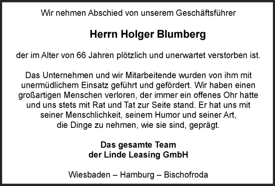Traueranzeige von Holger Blumberg von Wiesbadener Kurier