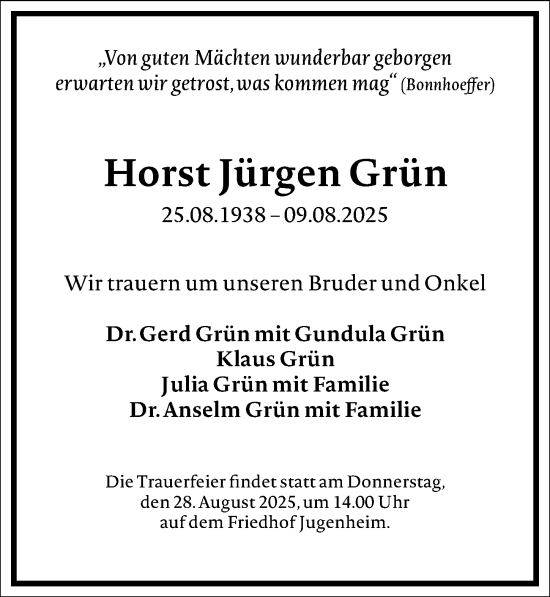 Traueranzeige von Horst Jürgen Grün von Darmstädter Echo