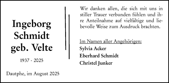 Traueranzeige von Ingeborg Schmidt von Hinterländer Anzeiger