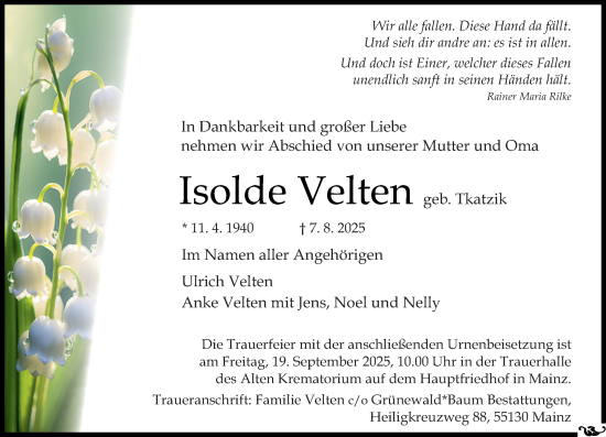 Traueranzeige von Isolde Velten von Allgemeine Zeitung Mainz