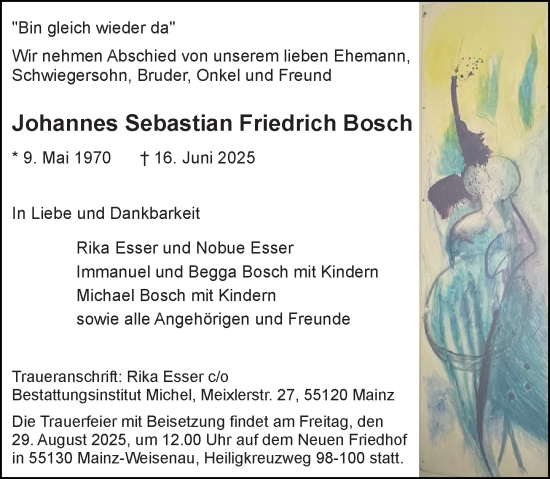 Traueranzeige von Johannes Sebastian Friedrich Bosch von Allgemeine Zeitung Mainz