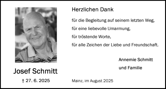 Traueranzeige von Josef Schmitt von Allgemeine Zeitung Mainz