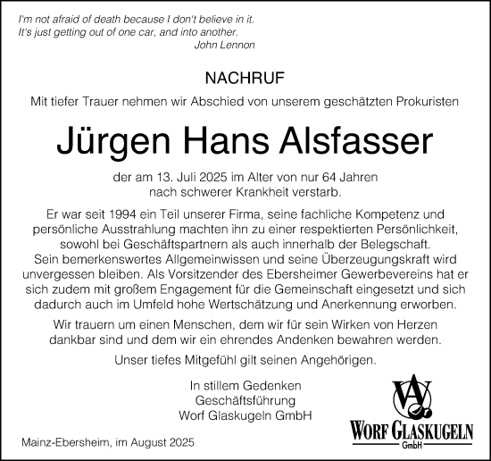 Traueranzeige von Jürgen Hans Alsfasser von Allgemeine Zeitung Mainz