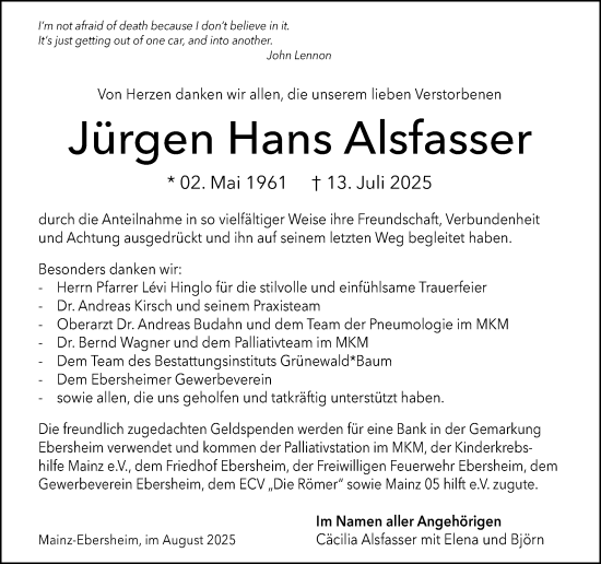 Traueranzeige von Jürgen Hans Alsfasser von Allgemeine Zeitung Mainz