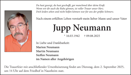Traueranzeige von Jupp Neumann von Wetzlarer Neue Zeitung