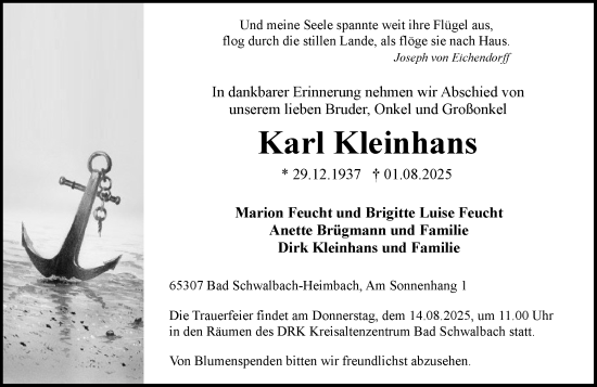Traueranzeige von Karl Kleinhans von Wiesbadener Kurier