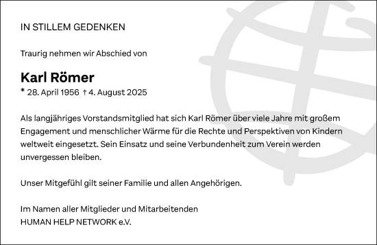 Traueranzeige von Karl Römer von Allgemeine Zeitung Mainz