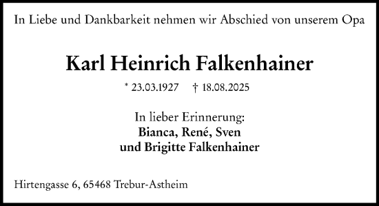 Traueranzeige von Karl Heinrich Falkenhainer von Darmstädter Echo