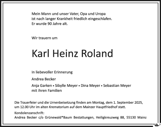 Traueranzeige von Karl Heinz Roland von Wiesbadener Kurier