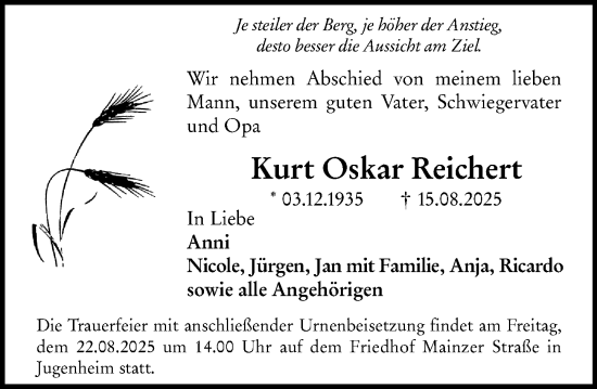 Traueranzeige von Kurt Oskar Reichert von Allgemeine Zeitung Mainz