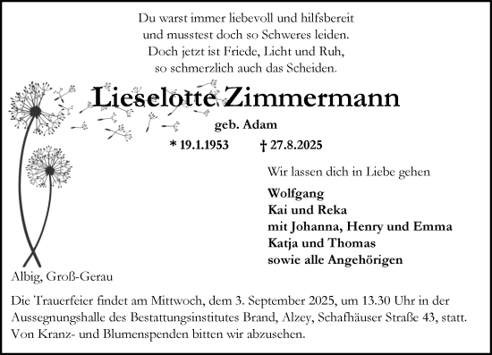 Traueranzeige von Lieselotte Zimmermann von Allgemeine Zeitung Alzey