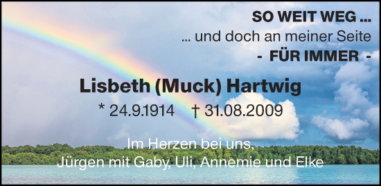 Traueranzeige von Lisbeth Hartwig von Allgemeine Zeitung Mainz