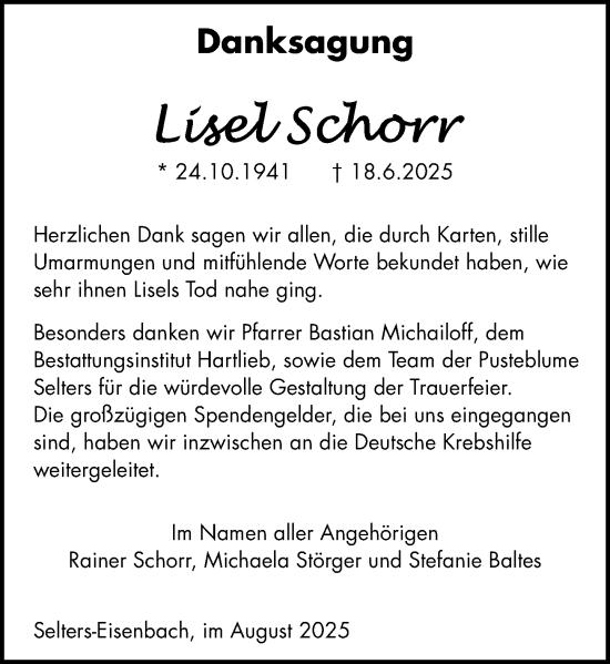 Traueranzeige von Lisel Schorr von Camberger Anzeiger