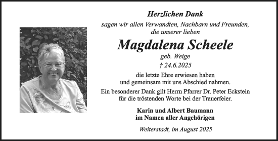 Traueranzeige von Magdalena Scheele von Darmstädter Echo