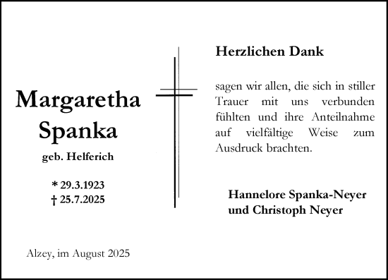 Traueranzeige von Margaretha Spanka von Allgemeine Zeitung Alzey