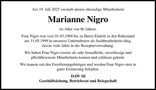 Traueranzeige von Marianne Nigro von Darmstädter Echo