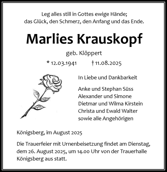 Traueranzeige von Marlies Krauskopf von Wetzlarer Neue Zeitung