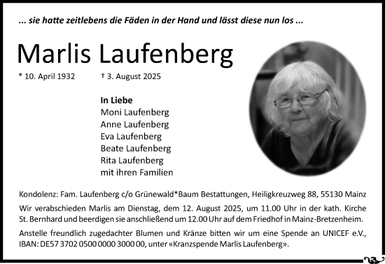Traueranzeige von Marlis Laufenberg von Allgemeine Zeitung Mainz