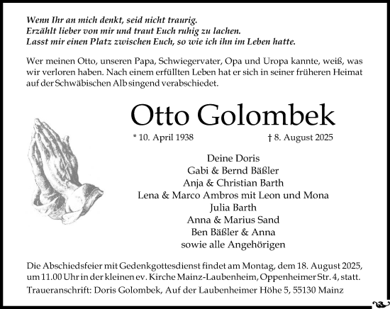 Traueranzeige von Otto Golombek von Allgemeine Zeitung Mainz