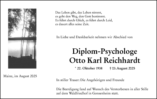 Traueranzeige von Otto Karl Reichhardt von Allgemeine Zeitung Mainz