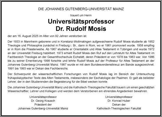 Traueranzeige von Rudolf Mosis von Allgemeine Zeitung Mainz