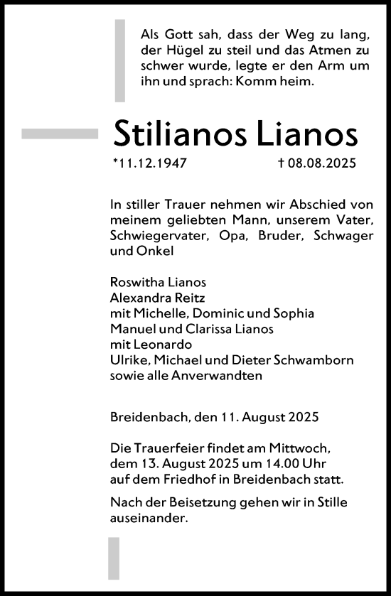 Traueranzeige von Stilianos Lianos von Hinterländer Anzeiger