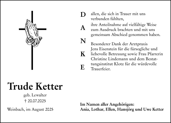 Traueranzeige von Trude Ketter von Weilburger Tageblatt