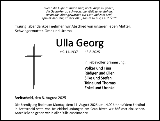 Traueranzeige von Ulla Georg von Dill Block