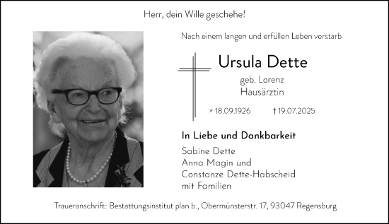 Traueranzeige von Ursula Dette von Allgemeine Zeitung Rheinhessen-Nahe