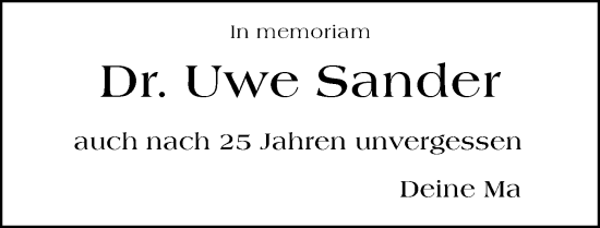 Traueranzeige von Uwe Sander von Wiesbadener Kurier