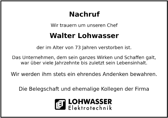 Traueranzeige von Walter Lohwasser von Odenwälder Echo