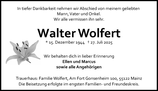 Traueranzeige von Walter Wolfert von Allgemeine Zeitung Mainz