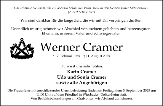 Traueranzeige von Werner Cramer von Wiesbadener Kurier