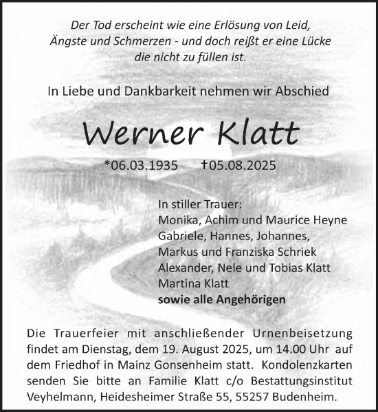Traueranzeige von Werner Klatt von Allgemeine Zeitung Mainz