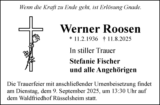 Traueranzeige von Werner Roosen von Rüsselsheimer Echo