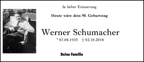 Traueranzeige von Werner Schumacher von Wiesbadener Kurier