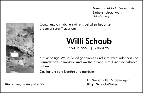 Traueranzeige von Willi Schaub von Wetzlarer Neue Zeitung