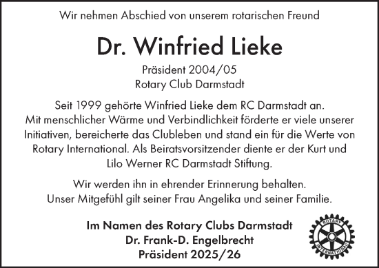 Traueranzeige von Winfried Lieke von Darmstädter Echo