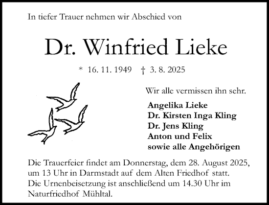 Traueranzeige von Winfried Lieke von Darmstädter Echo