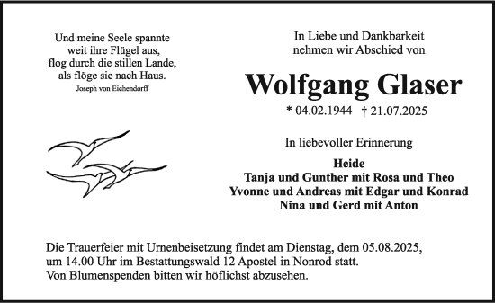 Traueranzeige von Wolfgang Glaser von Darmstädter Echo