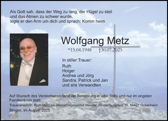 Traueranzeige von Wolfgang Metz von Binger-/Ingelheimer Wochenblatt