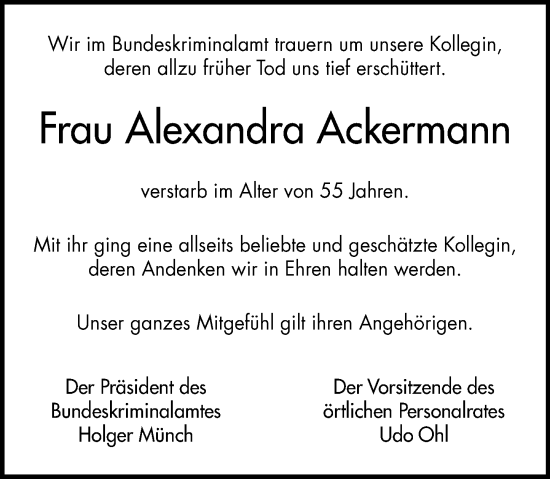 Traueranzeige von Alexandra Ackermann von Wiesbadener Kurier