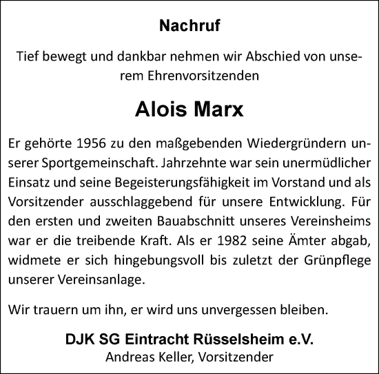 Traueranzeige von Alois Marx von Rüsselsheimer Echo