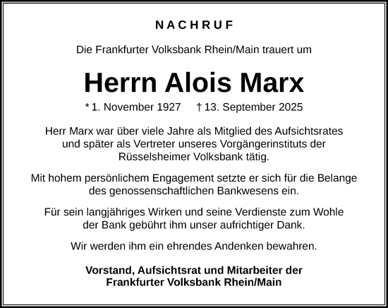 Traueranzeige von Alois Marx von Rüsselsheimer Echo