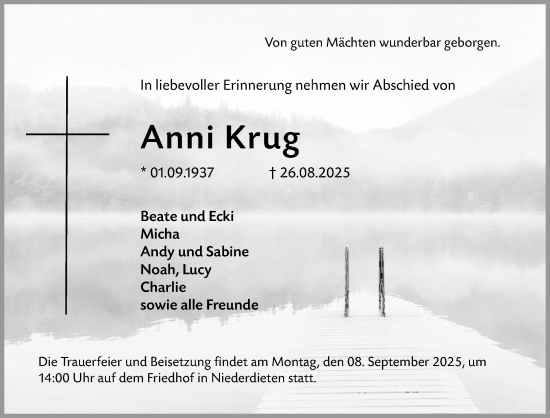 Traueranzeige von Anni Krug von Hinterländer Anzeiger