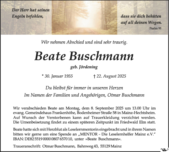 Traueranzeige von Beate Buschmann von Allgemeine Zeitung Mainz